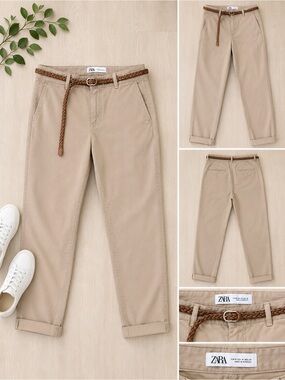 Zara Lady’s Tan Straight Chinos with Braided Brown Belt